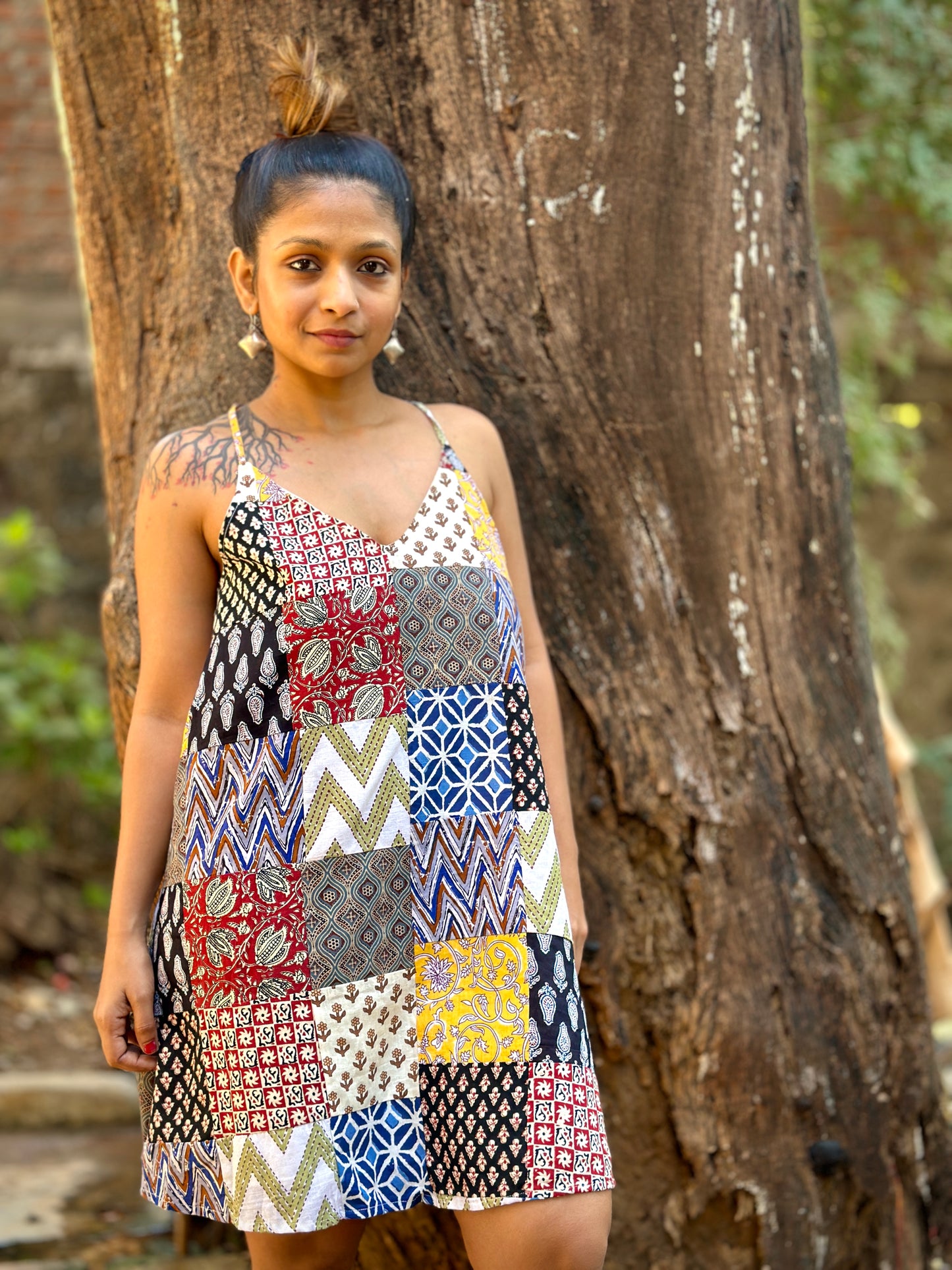 Block Print Patchwork Halter Dress