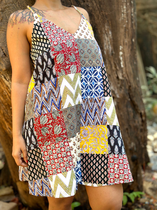 Block Print Patchwork Halter Dress